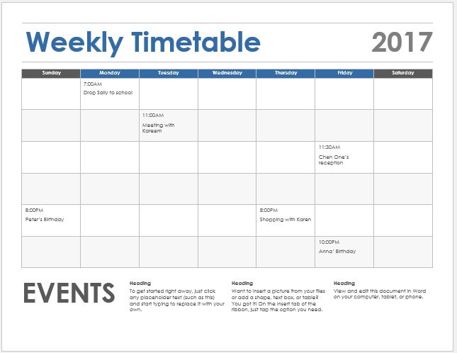 Weekly timetable sheet sample