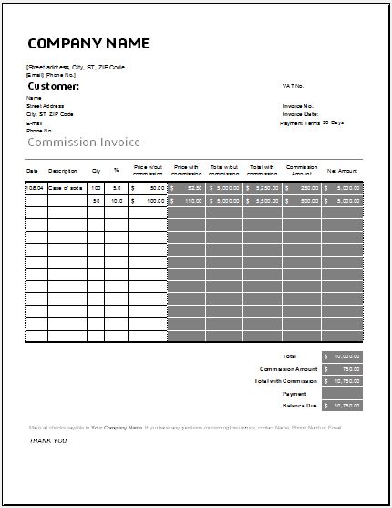 commission invoice template for excel  word  excel templates