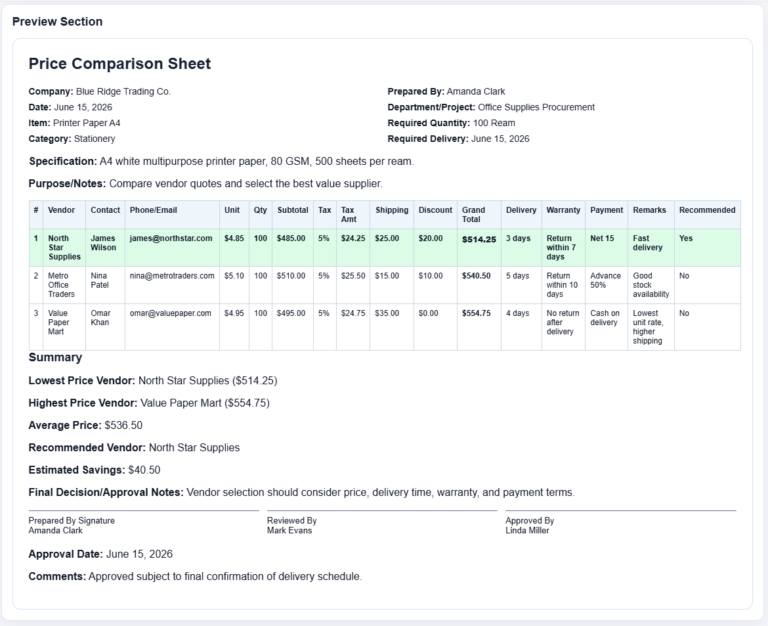 Price Comparison Sheet