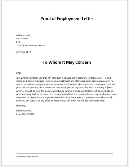 Letter For Proof Of Employment from www.wordexceltemplates.com