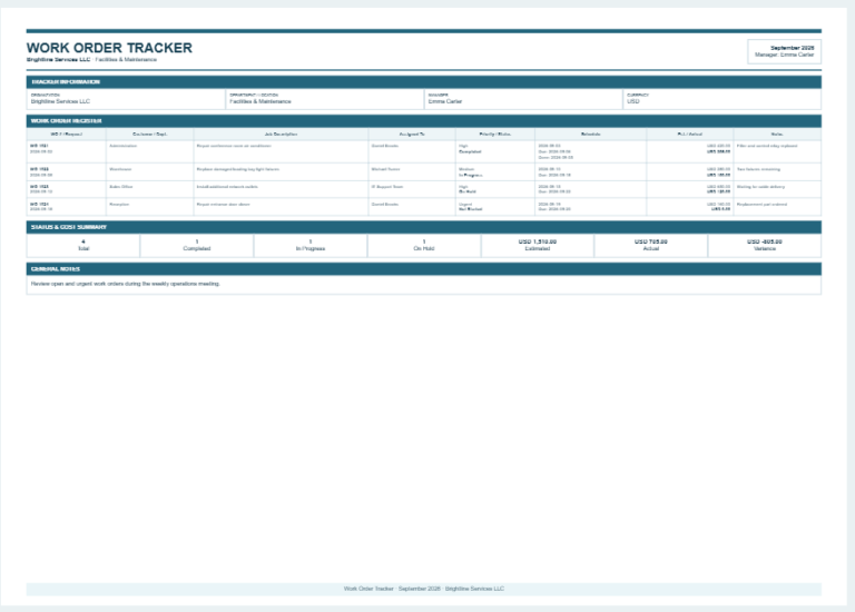 Work Order Tracker Template