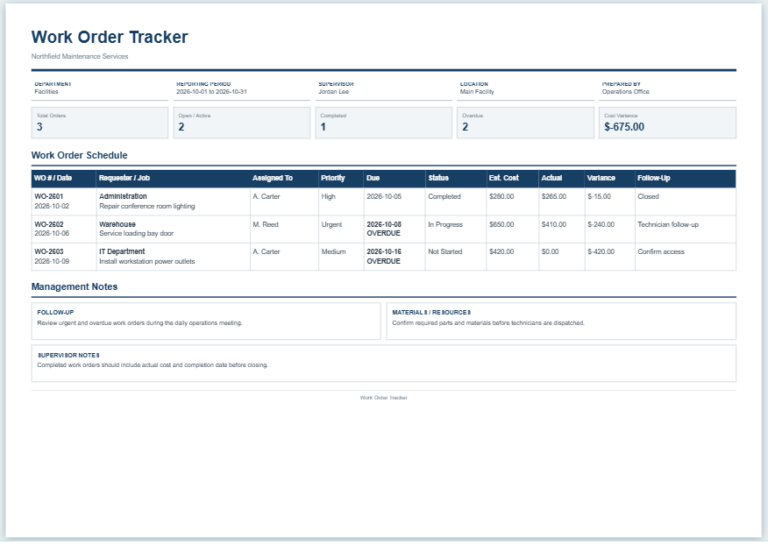 Work Order Tracker Template