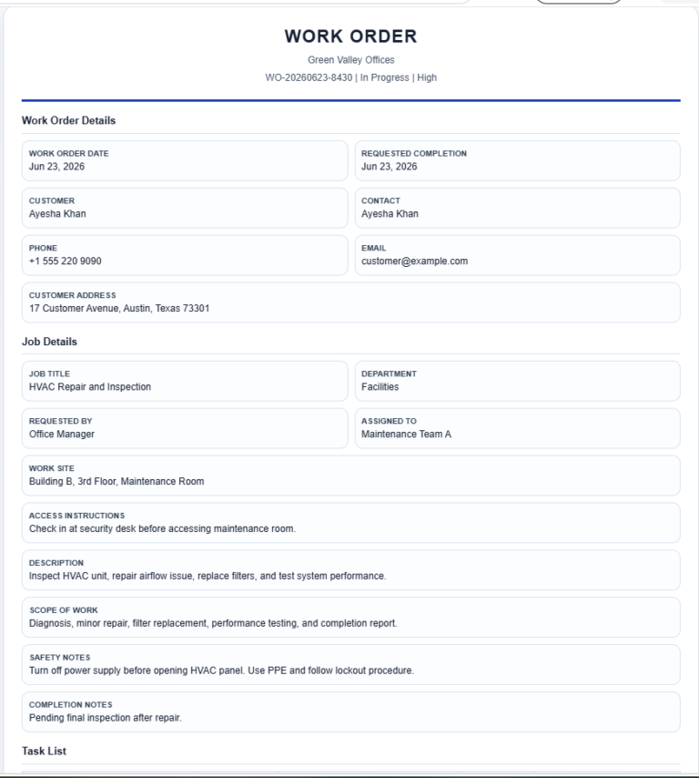Work Order Tracker Template
