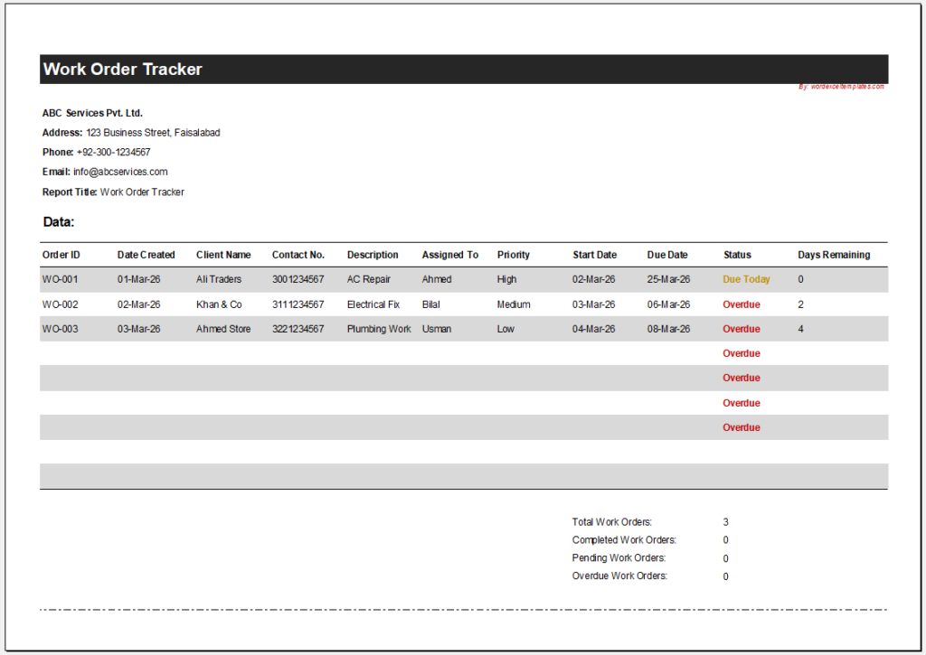 Work Order Tracker Template for Excel