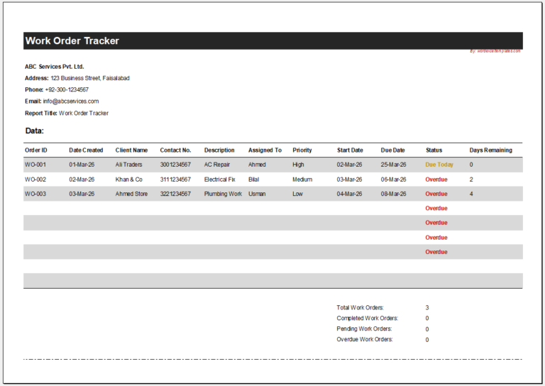 Work Order Tracker Generator | Track Tasks/Costs & Progress