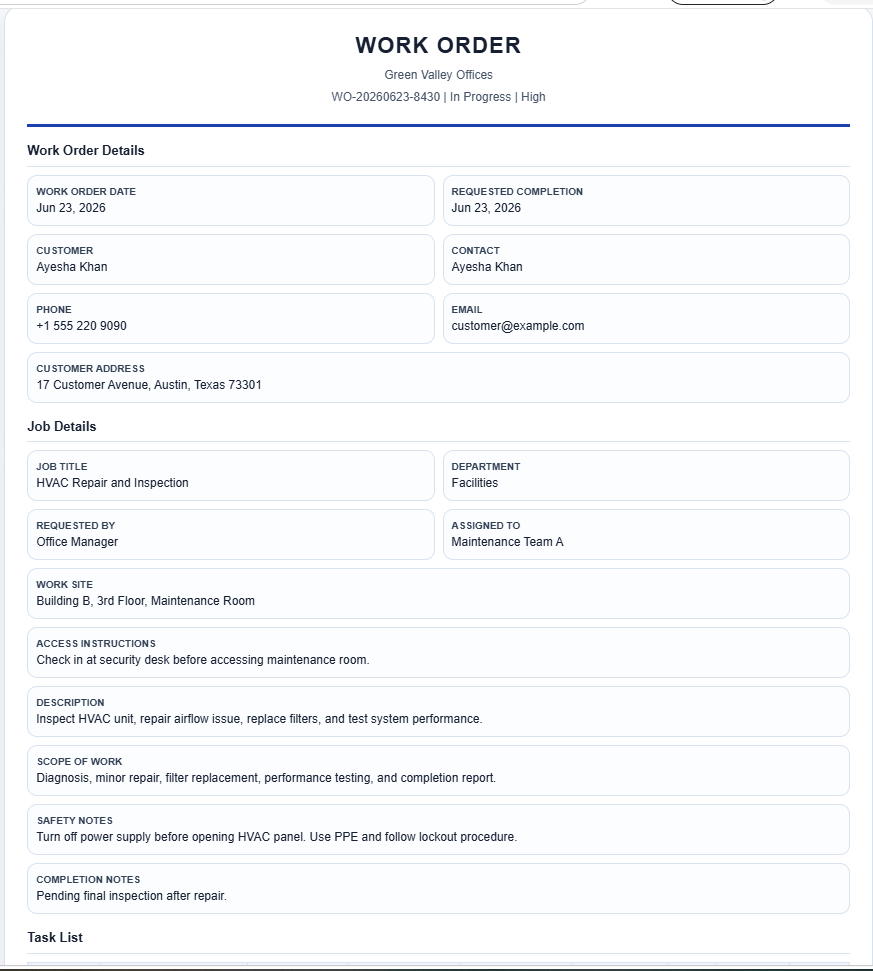 Work Order Tracker Template