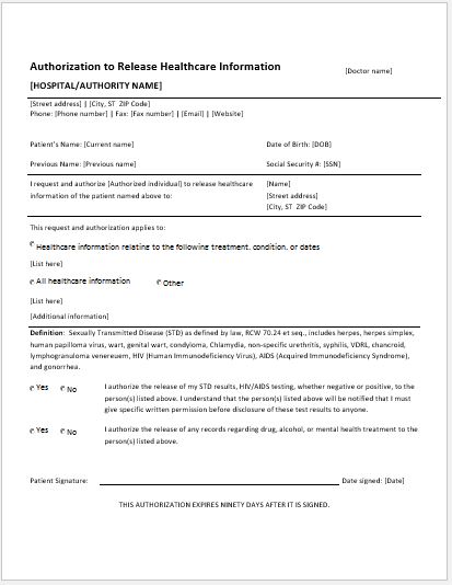 Medical Release Form Template from www.wordexceltemplates.com