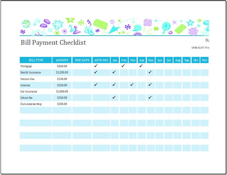 Bill Payment Checklist for Excel