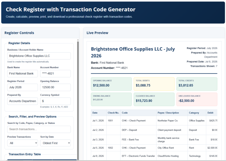 Check Register with Transaction Code Template