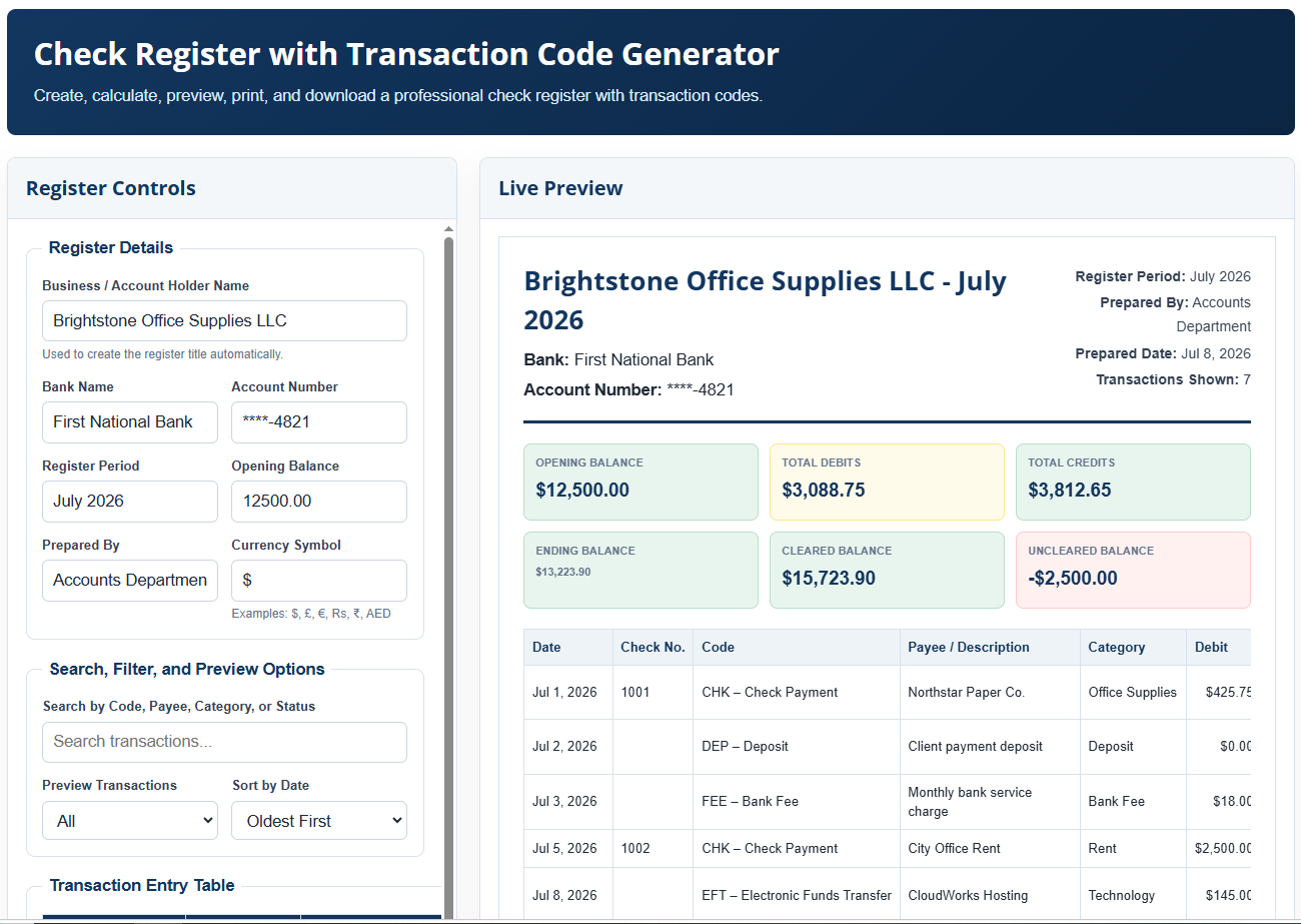 Check Register with Transaction Code Template