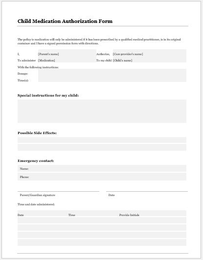 Child Medication Authorization Form