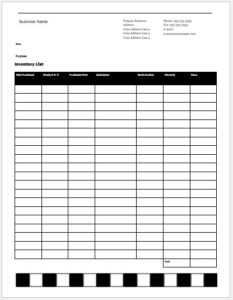 Columnar Inventory List Template for MS Word