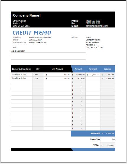 Credit Memo Template for MS Excel