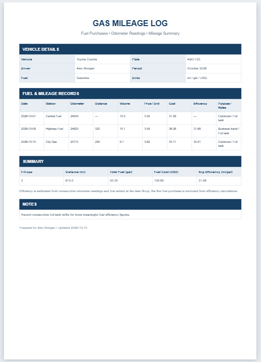 Gas Mileage Log Template