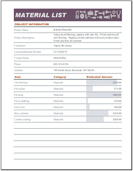 Material List Template for MS Excel | Word & Excel Templates