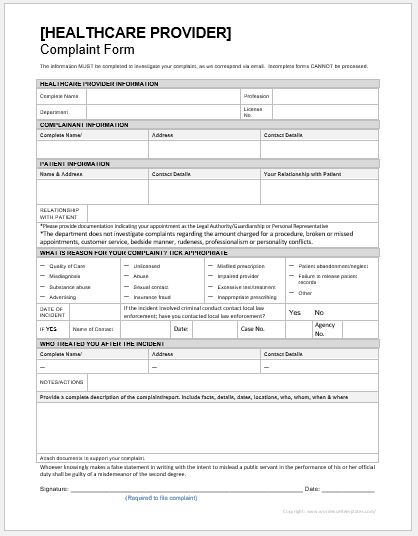 Medical Complaint Form Template for MS Word