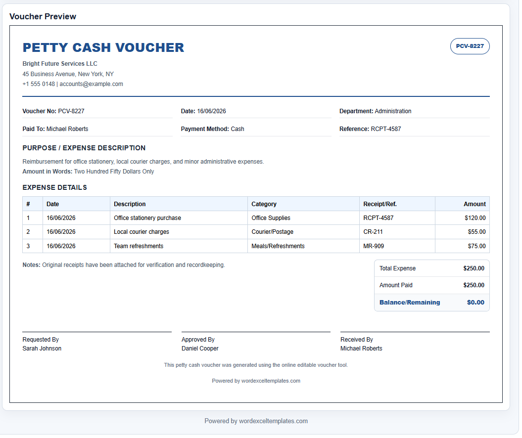 Petty Cash Voucher Generator