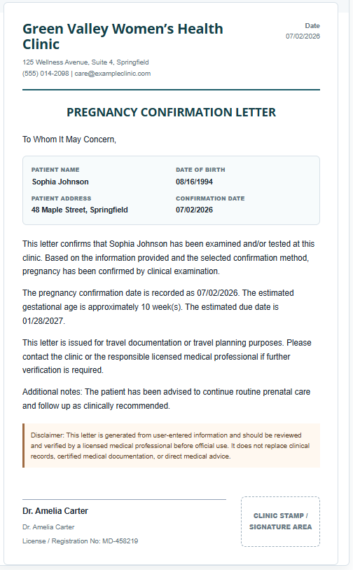 Pregnancy Confirmation Letter Template