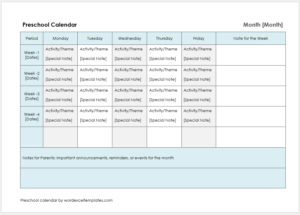 Preschool Calendar Template