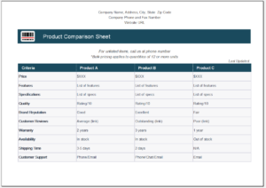 Product comparison sheet template