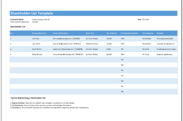 Shareholder List Template