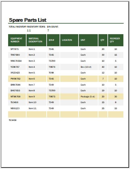 Spare Parts List Template