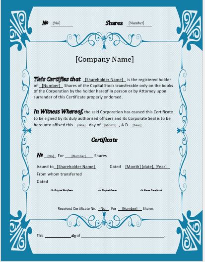 Stock Certificate Template for MS Word