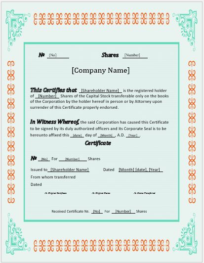 Stock Certificate Sample