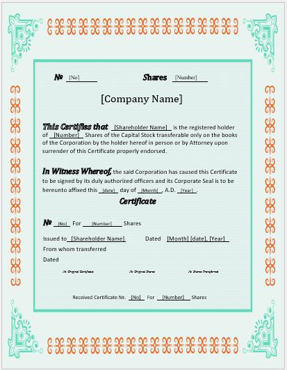 Stock Certificate Sample