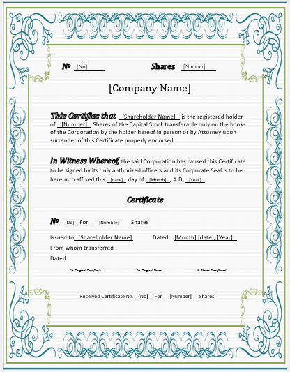 Stock Certificate Template