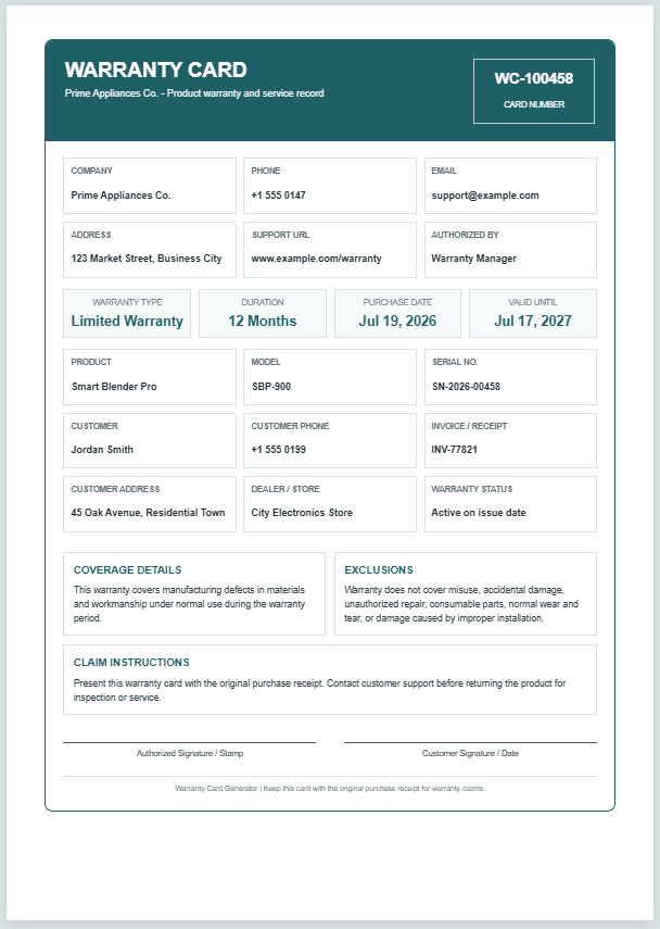 Warranty Card Generator