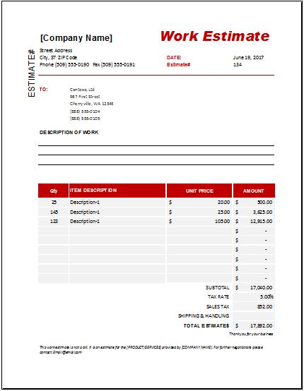 Work Estimate Template