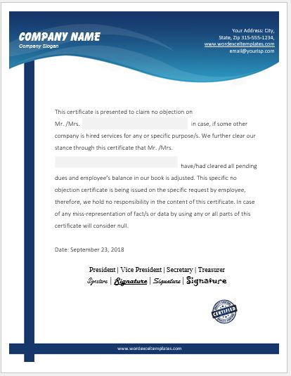 No Objection Certificate Template