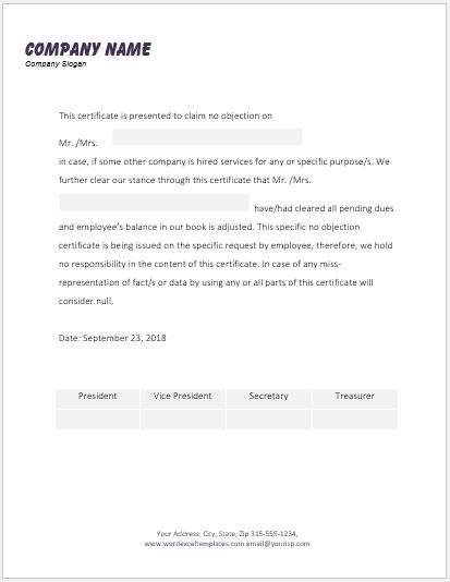 No Objection Certificate Template