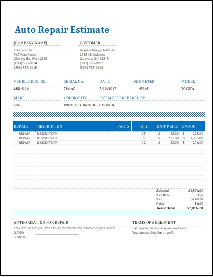 repair estimate template word repair estimate template word