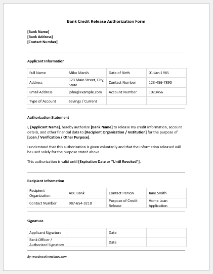 Bank Credit Release Authorization Form