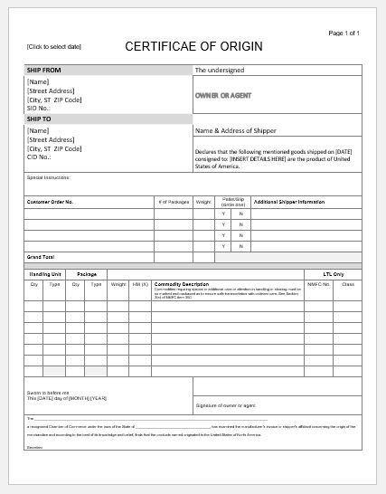 Certificate of Origin Template