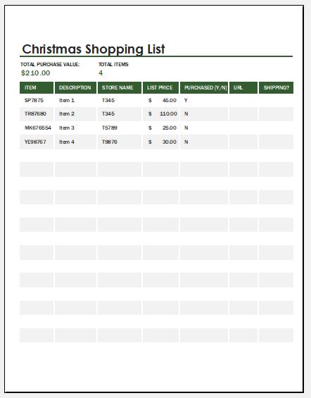 Christmas Shopping List Template