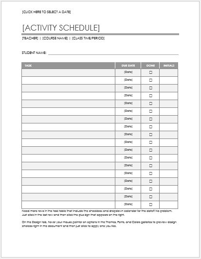 Class Activity Schedule Template