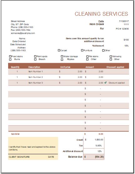 Cleaning Work Order Template for Excel