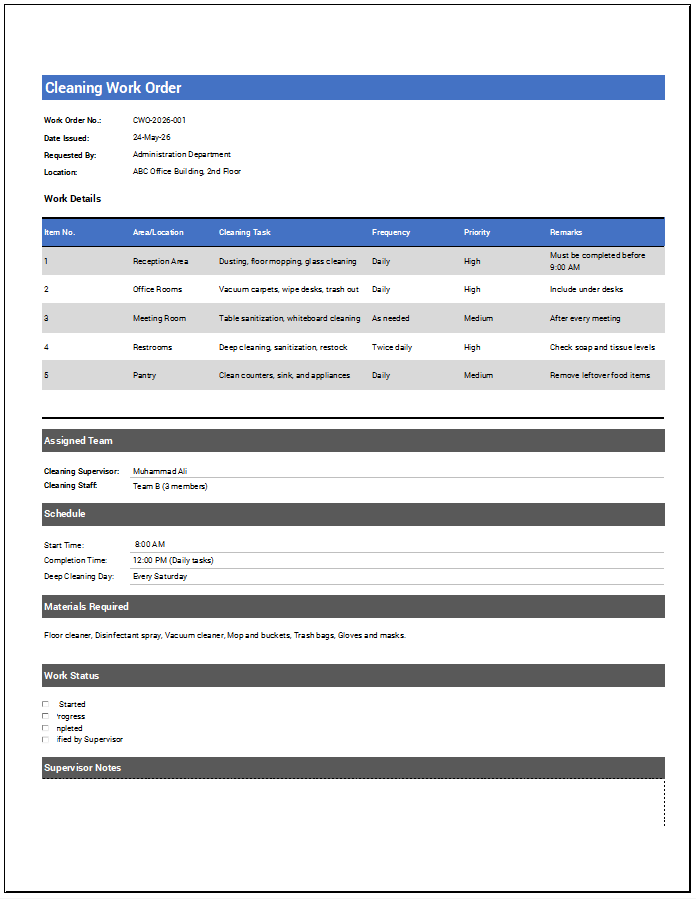Cleaning Work Order Template