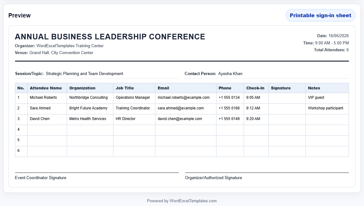 Conference Sign-in Sheet