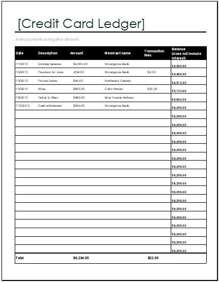 Credit Card Ledger Template