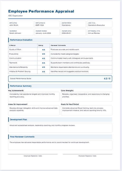 Employee Performance Appraisal Form