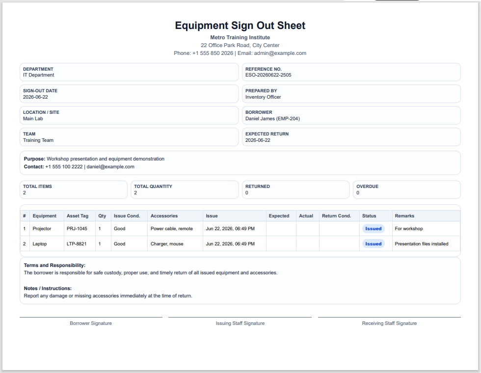 Equipment Sign out Sheet Template