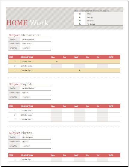 homework template excel Homework Schedule Template