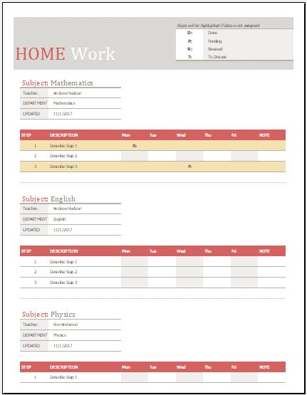 Homework Schedule Template