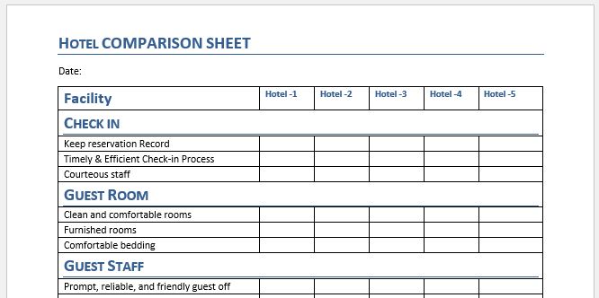 Hotel comparison sheet