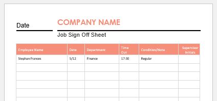 Job Sign off Sheet