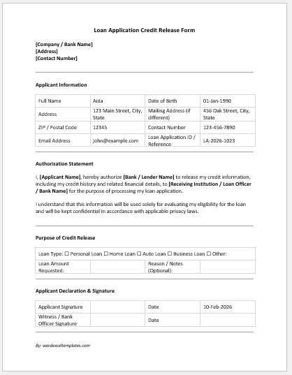 Loan Application Credit Release Form